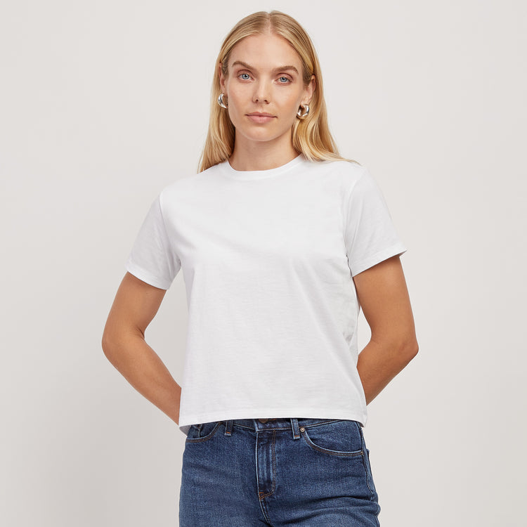 Women wearing White Cotton Boxy Crew Tee