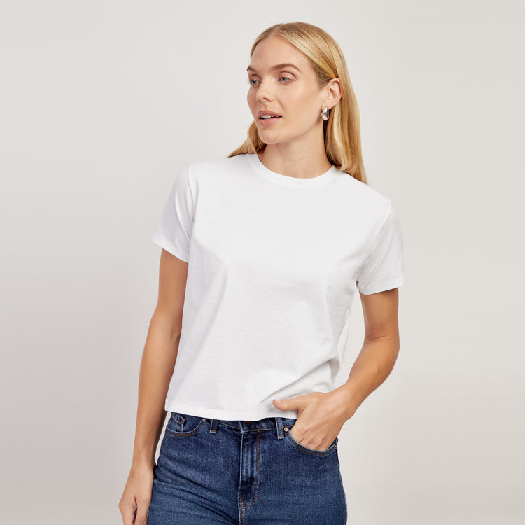 Women wearing White Cotton Boxy Crew Tee