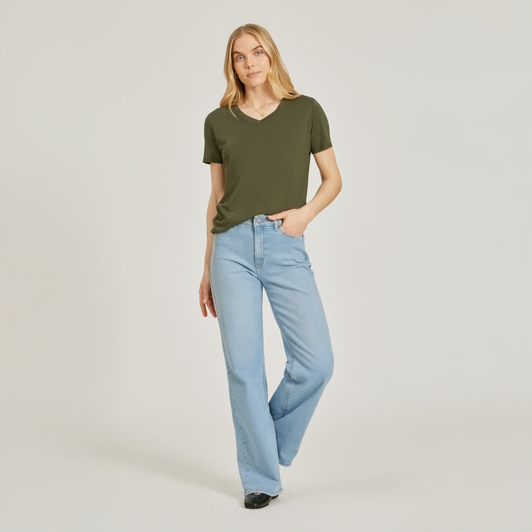 Women wearing Military Green Relaxed V-Neck Marcy Tee
