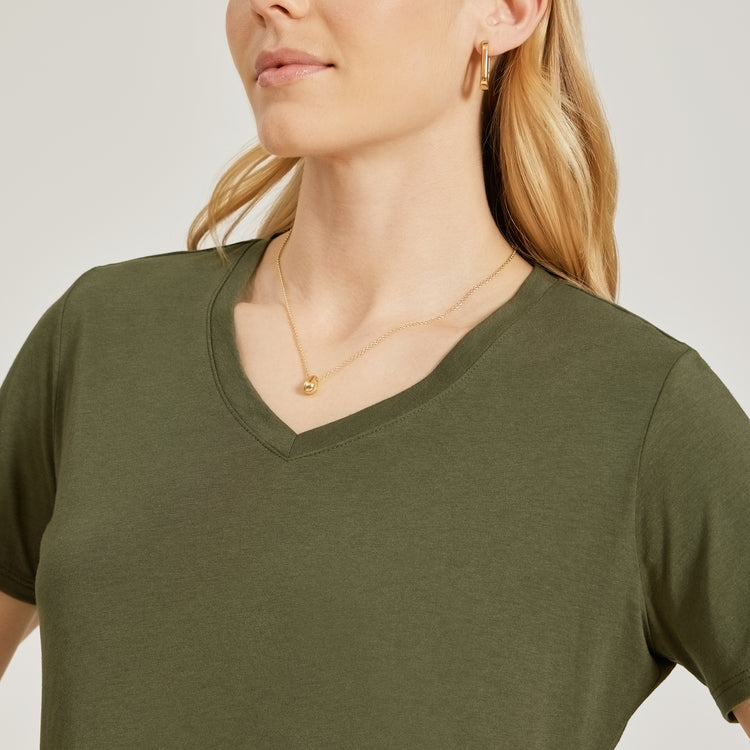 Women wearing Military Green Relaxed V-Neck Marcy Tee